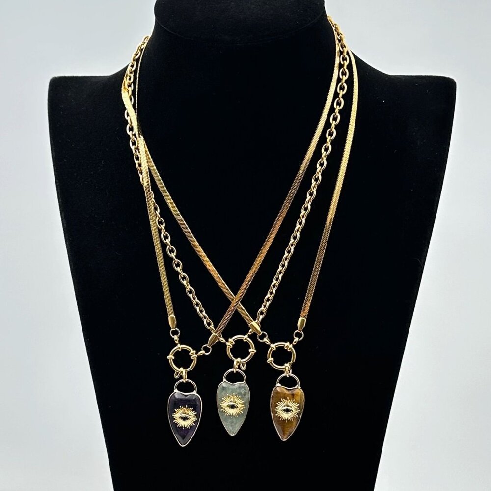 Aventurine Gemstone Heart Evil Eye Pendant Necklace 18K Gold Plated Chain 19" - Picture 6 of 9